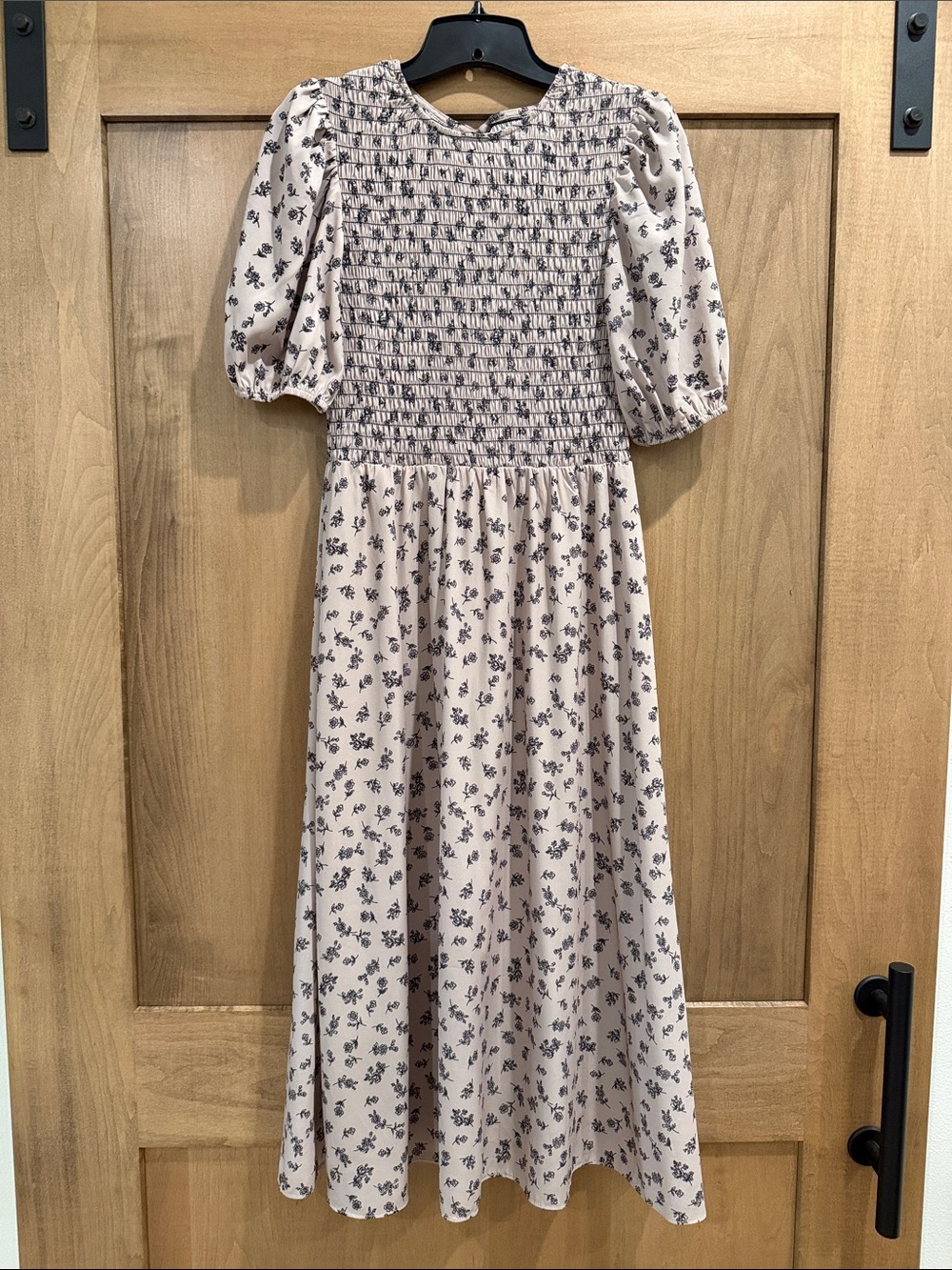 Smocked Midi Dress with Puff Sleeves - Cream with Black Floral